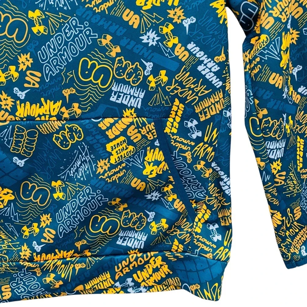 Under Armour Youth Hoodie Graphic Print‎ Teal Yellow Pullover Hooded Sweatshirt
